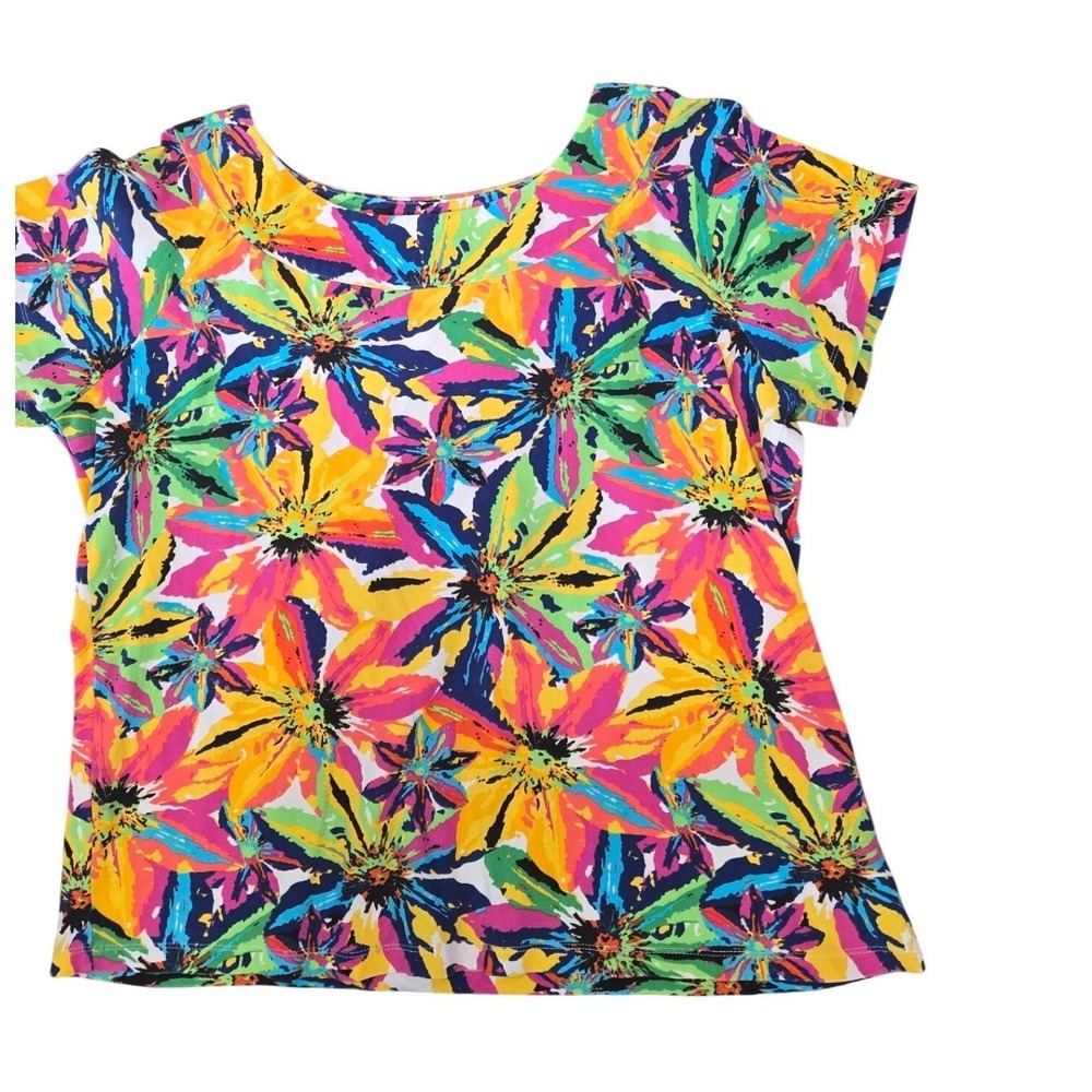 Rafaella Studio Womens Cotton Floral Short Sleeve Top Multi Color Scoop Neck-M